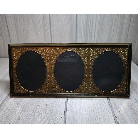 Vtg Gold Triple Picture Frame Gold Tin Oval Mat Embossed Ornate Victorian - Picture 1 of 6